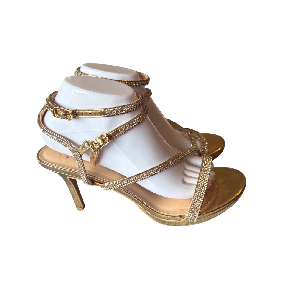 D'Orsay Gold Rhinestone Strappy Stiletto Heels Womens Size 9 Formal Sandals‎